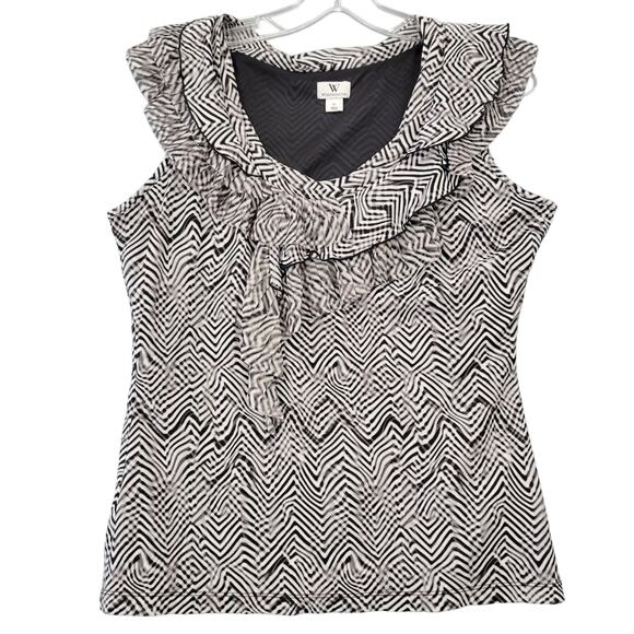 Worthington Black Gray Sleeveless Shirt Blouse Ruffled Tank Scoop Women's Size M - Picture 1 of 8